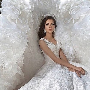 May include: A white wedding dress with a large, ruffled skirt and a lace bodice. The dress is paired with a tiara and earrings.