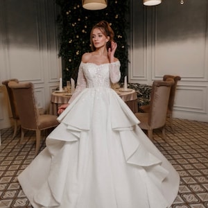 Satin Wedding Dress with Long Chapel Train Royal Wedding Dress with Long Sleeves Lace Sleeves Gorgeous Sparkly Gown NATELLA