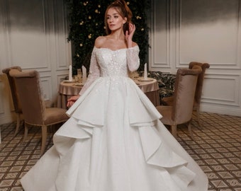 Satin Wedding Dress with Long Chapel Train Royal Wedding Dress with Long Sleeves Lace Sleeves Gorgeous Sparkly Gown NATELLA
