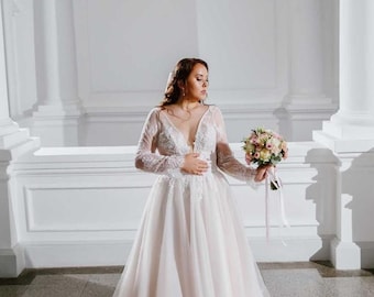 Dreamy Puffy Tulle Blush Princess Gown CAROL  Floral Lace Sparkly Wedding Dress Plus Size gown  Cathedral Train Ball Gown Pink Wedding Dress