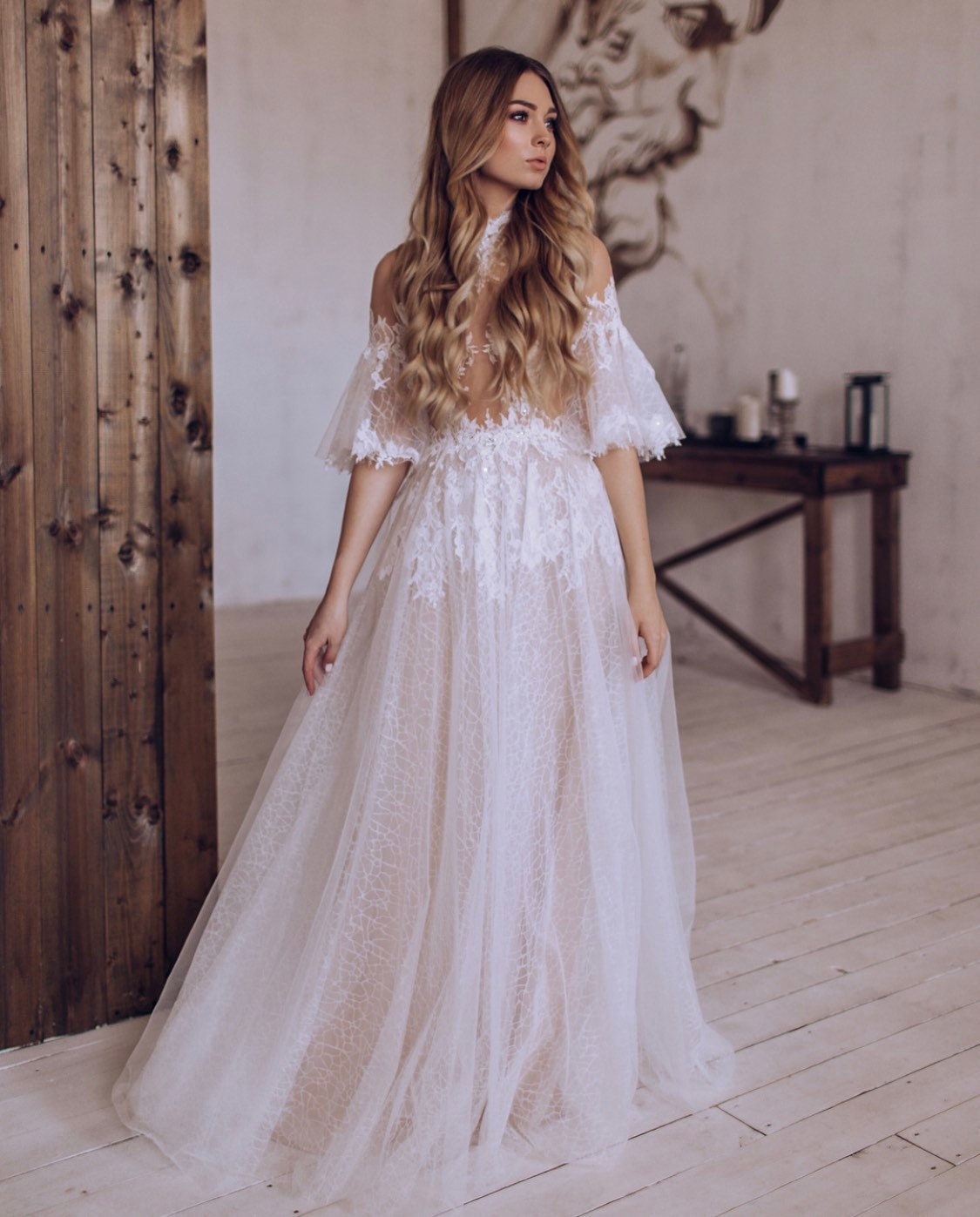Beige Bohemian Wedding Dress JENNIFER With Delicate Lace Open Back Beige Lace Wedding Dress