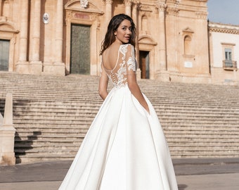Autumn Backless V-neck A-line Beaded Lace Plus Size available Wedding Gown with Cathedral Train