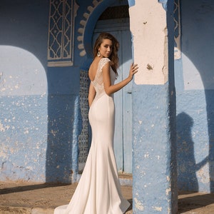 Backless Lace Trumpet Wedding Dress Plus Size available Crepe Wedding Dress Custom Wedding Dress Unique Dress NINA image 1
