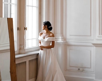Sexy Classic Elegant Satin Minimalist  Wedding Dress NORA with Pockets and Off Sleeveless with Deep V-Neck and Long Train