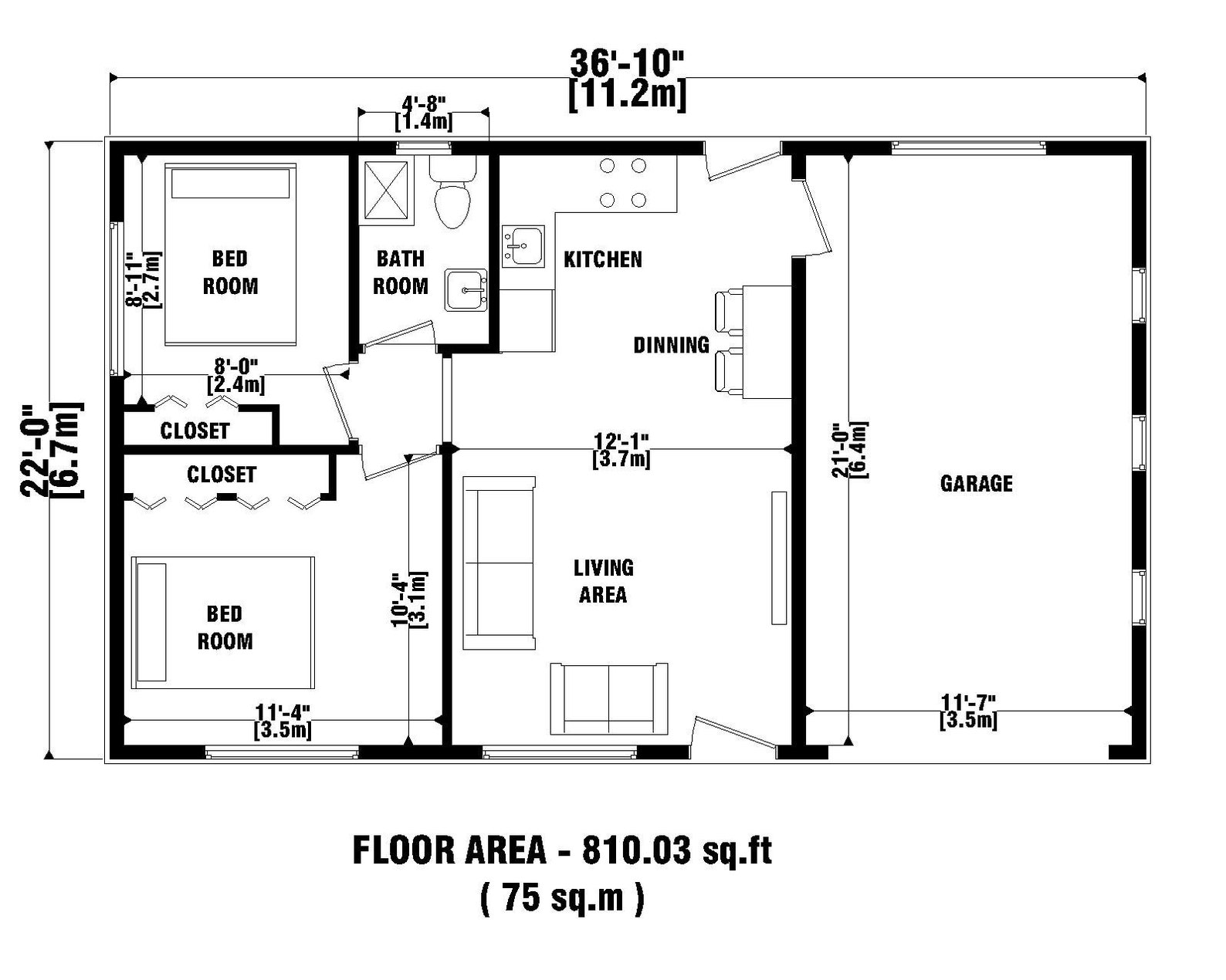 Custom Modern Tiny House Plan | 2 Bed Room 1 Bath Room & Garage With ...
