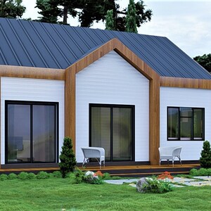 Progetto personalizzato di una piccola casa moderna contemporanea con 2 camere da letto e 1 bagno con file CAD originale gratuito