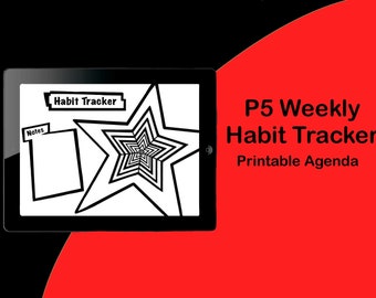 Może przedstawiać: Czarno-biały, drukowany, tygodniowy planer śledzenia nawyków z wzorem gwiazdy. Tekst "P5 Weekly Habit Tracker Printable Agenda" jest wyświetlany na czerwonym tle.