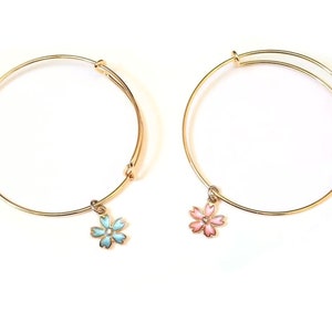 Blue and Pink Flower Charm Bracelet, Friendship bracelets, Gold Bangle Adjustable Bracelets