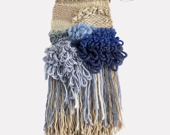 Small Woven Wall Hanging, Sea Blues & Cream, Ocean Art Weaving, Boho Wall Art, Home Decor.