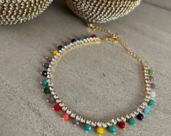 Rainbow Gemstone Beaded Anklet, Gold Filled Summer Jewellery