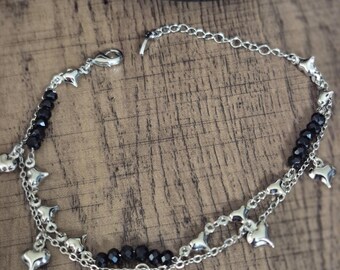 Double chain Silver heart Anklet with black bead detailing.
