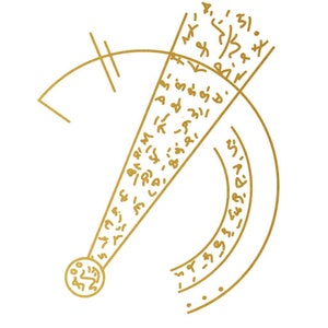 May include: A gold geometric design featuring a circle and a triangle. The triangle is filled with a pattern of scribbles and lines.