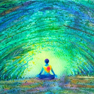 May include: Watercolor painting of a person sitting in a meditative pose with a heart chakra in the center of their chest. The background is a swirling blue and green abstract design.