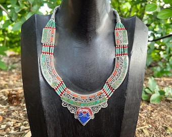 Antique Tibetan Turquoise, Coral & Lapis Lazuli Collar Necklace | Handmade Silver-Tone Nepalese Statement Necklace | Tribal Inlay Necklace