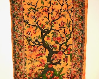Tree of life - Orange Colour Tapestry/Batik 100% Organic Cotton Tapestry/Batik Wall Hanging Bed Cover Table Cloth Versatile Tapestry