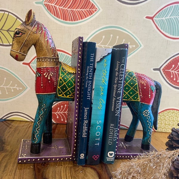 Horse wood hand carved Bookends Home Decor stopper holder Hand painted Made in India