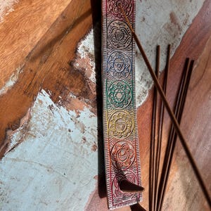 Vintage Seven Chakra Metal Incense Holder - 8x2.5Inch Multipurpose Burner for Incense, Sage, and Cone -Design with 1 Holes for Incense Stick