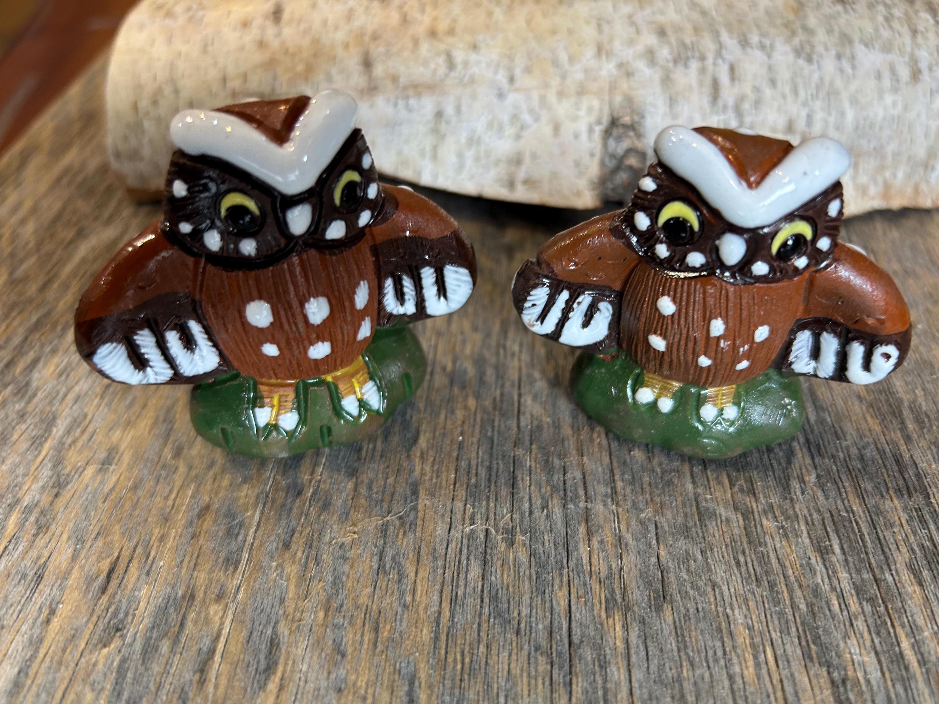 Vintage Handmade Ceramic Owl Pair: Colorful Peruvian Folk Art Decor