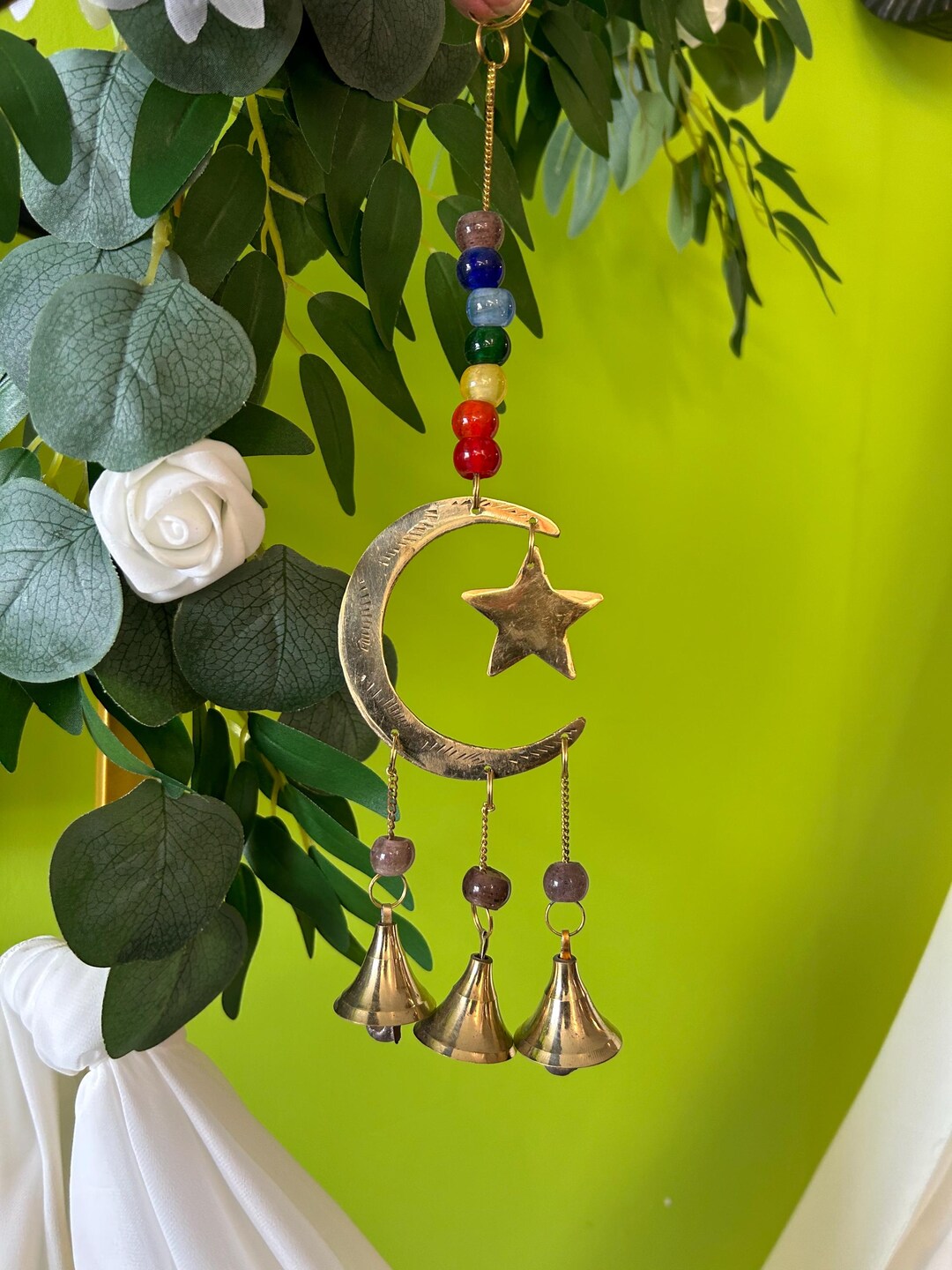 Vintage Brass Moon Star Bell Chime, Glass Beads, Handmade Indian Decor ...