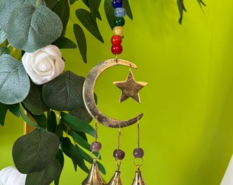 Vintage Brass Moon Star Bell Chime, Glass Beads, Handmade Indian Decor