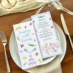 Menu de mariage aquarelle dessiné à la main - mignon et coloré - Garden Party pastel - Modèles modifiables au format DL (99 x 210 mm)