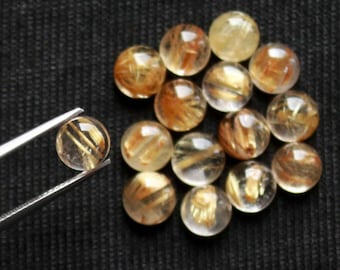 Natural Golden Rutile Quartz 6x6mm - 7x7mm Round Cabochon Loose Gemstones, Golden Rutile Quartz Loose Gemstones, Gemstones For Jewelry