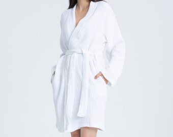 100% COTTON 4 Layer Muslin Bathrobe | Soft Organic Breathable Bridesmaids Kimono Robe | Morning Luxury Loungewear | Long Robe for Woman