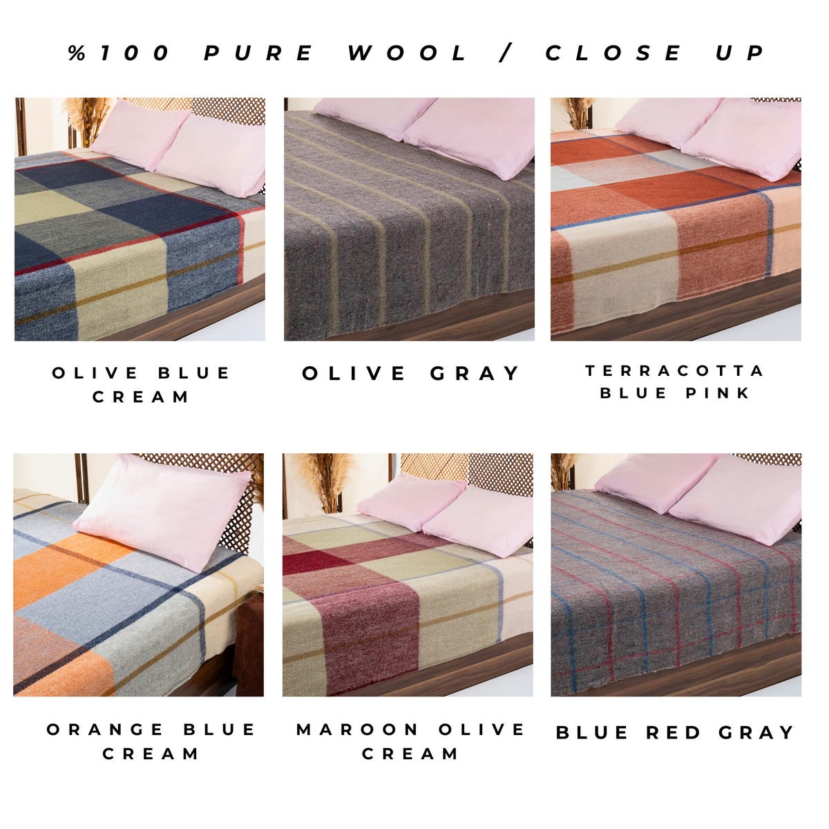 Wool Blanket Queen - Olive Blue Cream Color