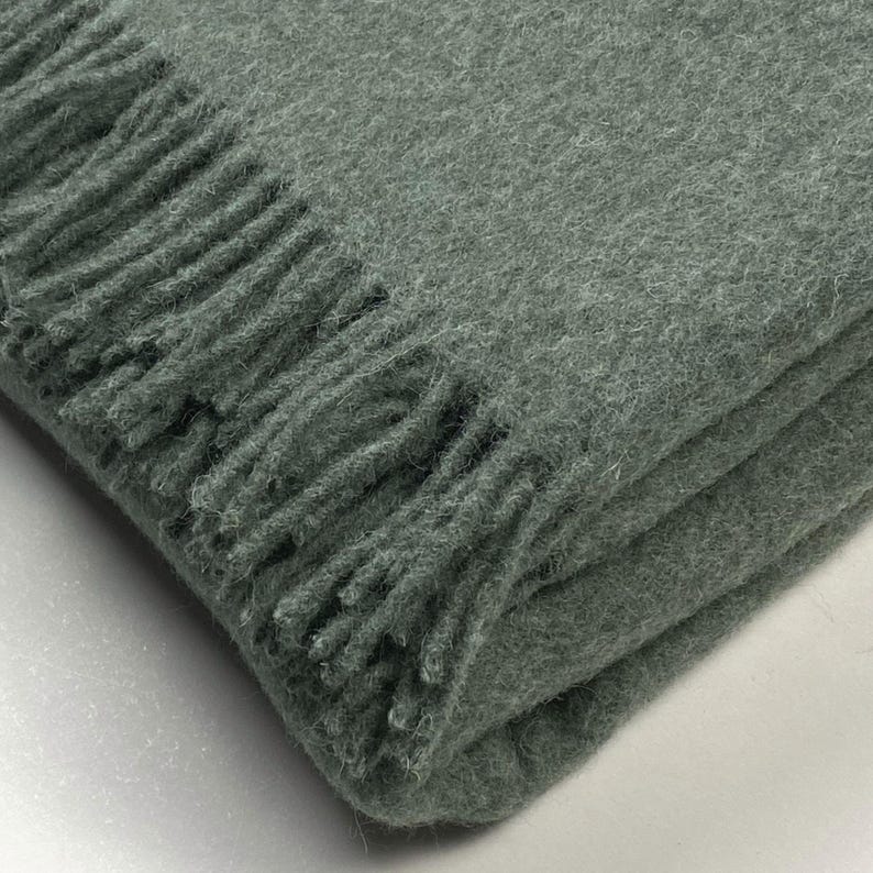 Personalized Throw 100% WOOL Blanket, Customized Merino Blanket for Adults, Washable Warm Soft Couch Picnic Blanket, Cozy House Warming Gift Smoke Green
