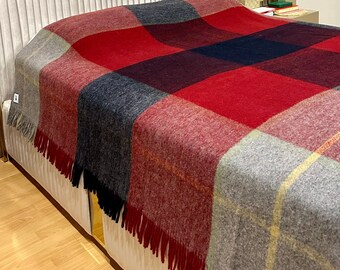 100% WOOL Blanket Queen, Soft Merino Plaid Blanket, Pure Wool Bedspread, Pre-Washed Warm Cozy Blanket for Adults, Natural House Warming Gift