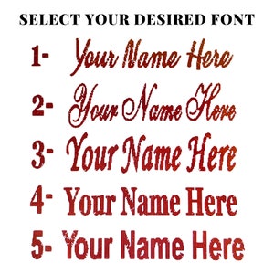 以下が含まれることがあります： 白い背景に赤い文字で「Your Name Here」の5つの異なるフォントスタイル。お好みのフォントを選択してください。