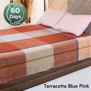 100% WOOL Blanket Queen, Lambswool Plaid Blanket, Pure Wool Bedspread, Pre-Washed Warm Cozy Blanket for Adults, Natural House Warming Gift
