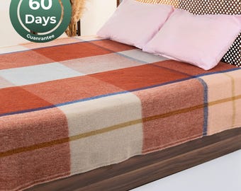 100% WOOL Blanket Queen, Lambswool Plaid Blanket, Pure Wool Bedspread, Pre-Washed Warm Cozy Blanket for Adults, Natural House Warming Gift