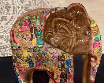 Embossed Wooden Elephant: Hand-Carved Mughal Court Scene (13"/33cm)