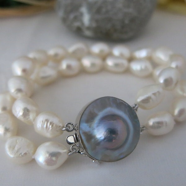 Armband zweireihig echte Mabe Perle und Süßwasserperlen Barock, 925er Silber TOP Perlenschmuck