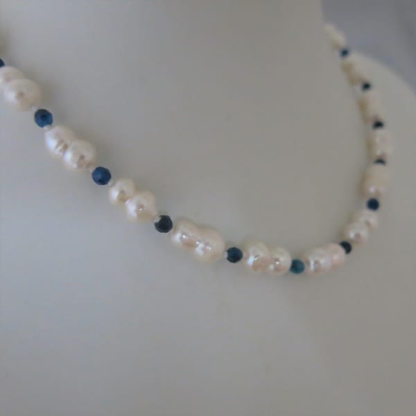 Kette Collier Halskette Echte Perlen Zuchtperlen Zwillingsperlen Weiß, Achat Blau, Magnetverschluss, geknotet