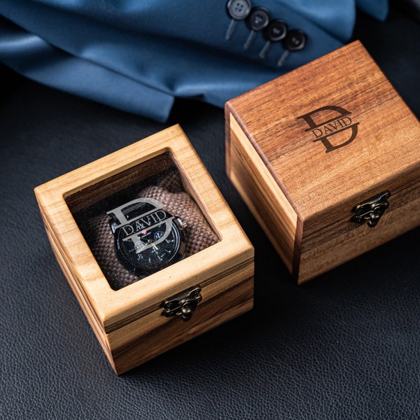Uhrenbox aus Holz, Geschenkbox für Uhr, Uhrenbox für Trauzeugen, Graviertes Uhrengehäuse, personalisierte Uhrenbox, Gravierte Box für Uhr