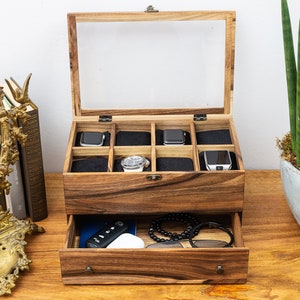 Horlogedoos voor heren met lade, horlogedoos en zonnebril, horlogedoos met lade, horlogestandaard, aangepaste houten lade, horlogedoos met ladekast