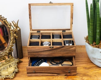 Watch box for men with drawer,Watch box and sunglasses,Watch box with drawer,Watch stand,Custom wood box drawer,Watch box with valet drawer