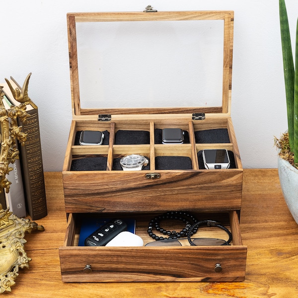 Watch box for men with drawer,Watch box and sunglasses,Watch box with drawer,Watch stand,Custom wood box drawer,Watch box with valet drawer