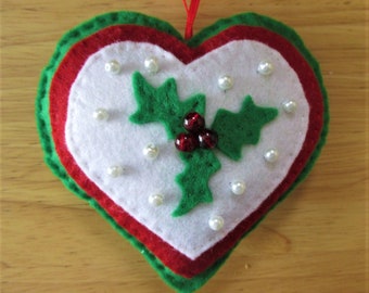 Felt Christmas Tree Ornament, Christmas Bauble, Felt Holly Ornament, Holiday Decoration, Tree Decoration