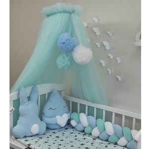 Boho Bed Canopy, Bed Canopy for Baby Boy Girl, Montessori Canopy, Baby Bed Tent, Soft Tulle, Baby Room Nursery Decor, Baldachin with Pompoms image 9