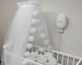 White Bed Canopy, Bed Canopy for New Born Baby, White Bed Canopy, Baby Bed Tent, Soft Tulle, Baby Room Nursery Decor, Baldachin with Pompoms