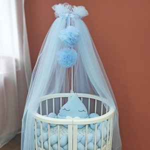 Boho Bed Canopy, Bed Canopy for Baby Boy Girl, Montessori Canopy, Baby Bed Tent, Soft Tulle, Baby Room Nursery Decor, Baldachin with Pompoms image 3