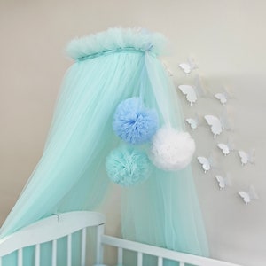 Boho Bed Canopy, Bed Canopy for Baby Boy Girl, Montessori Canopy, Baby Bed Tent, Soft Tulle, Baby Room Nursery Decor, Baldachin with Pompoms image 1