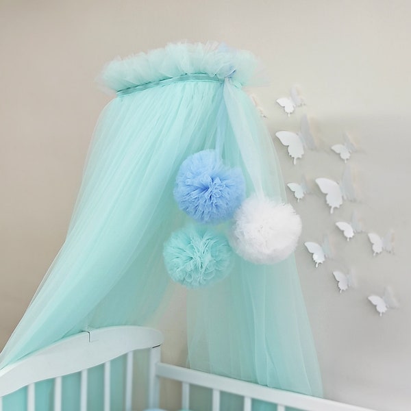 Boho Bed Canopy, Bed Canopy for Baby Boy Girl, Montessori Canopy, Baby Bed Tent, Soft Tulle, Baby Room Nursery Decor, Baldachin with Pompoms