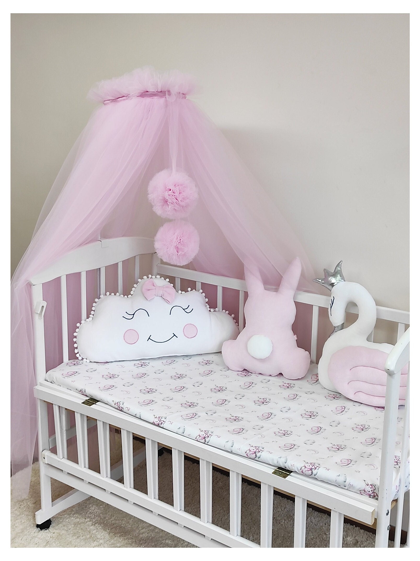Baldacchino In Tulle Per Culla - Con Pompon, 165 Cm, Design Sognante - Foto 2