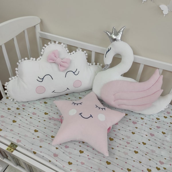 Pillow for Nurseries, Soft Nursery Fabric, Nursery Decor, Cloud Pillow Nursery, Swan Pillow, Star Pillow, Nursery Cushion, Baby Shower Gift