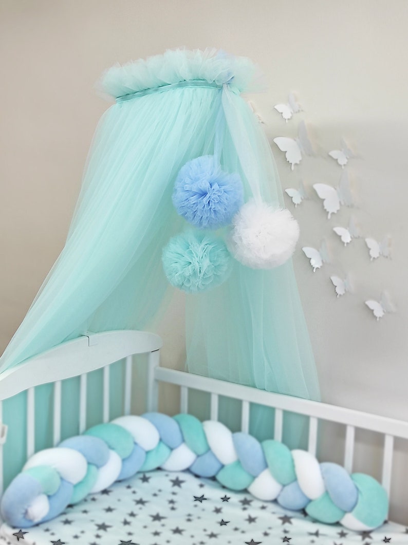 Boho Bed Canopy, Bed Canopy for Baby Boy Girl, Montessori Canopy, Baby Bed Tent, Soft Tulle, Baby Room Nursery Decor, Baldachin with Pompoms image 1