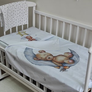 Personalized Teddy Bear Moon Nursery Bedding Set, Customized Crib Set, Baby Boy Bedding, Cute Bears, Kids Bedding Set, Customized Bed Set